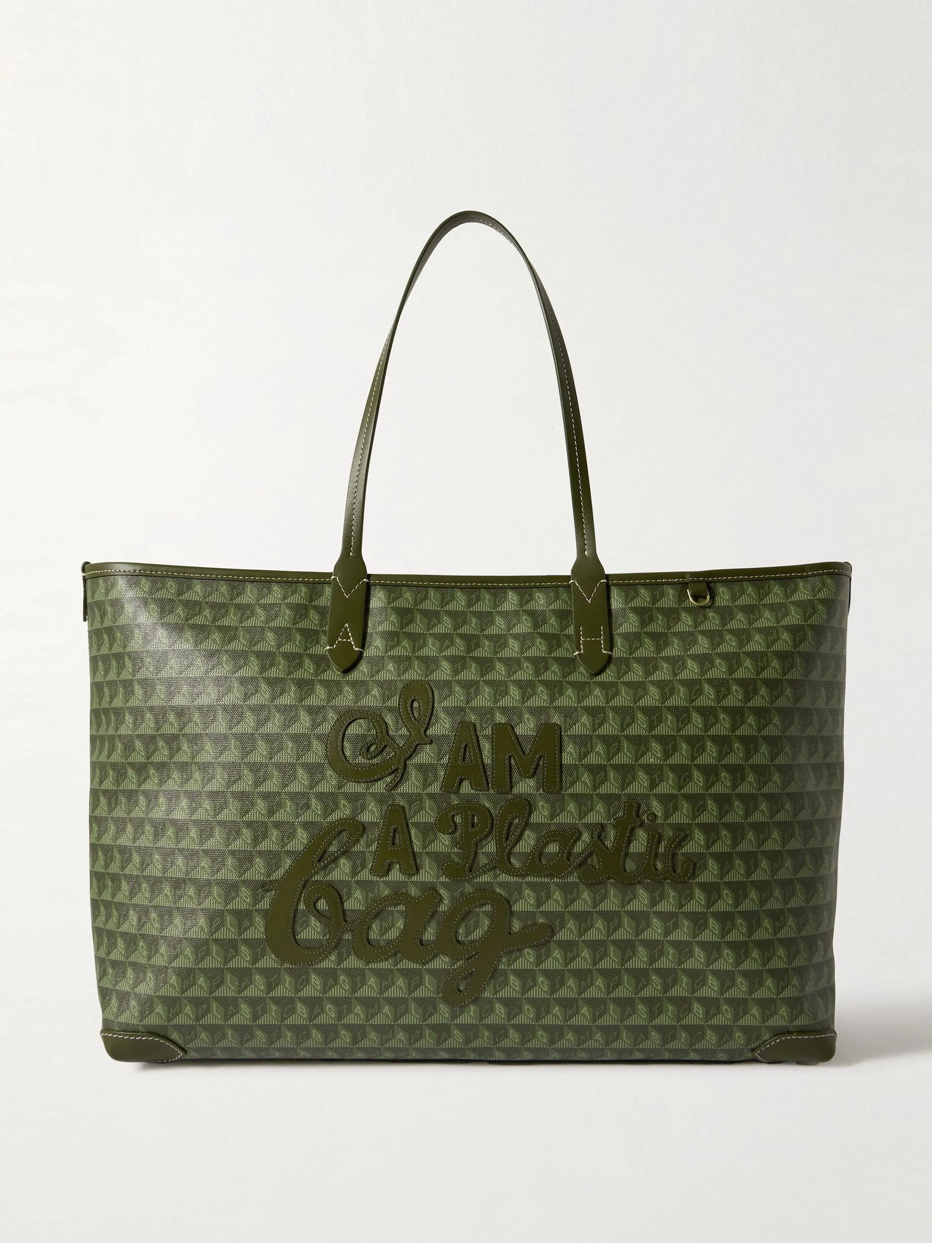 I Am A Plastic Bag large leather-trimmed printed coated recycled-canvas tote