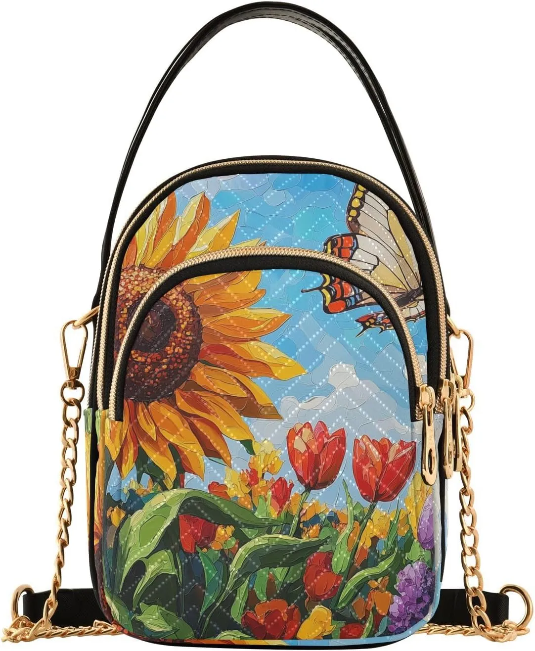 Ink Drawing Sunflowers Tulips and Butterflies Design Crossbody Bags Shoulder Bag for Women Stylish Ladies Messenger Bags Cell Phone Purse and Handbags Wallet