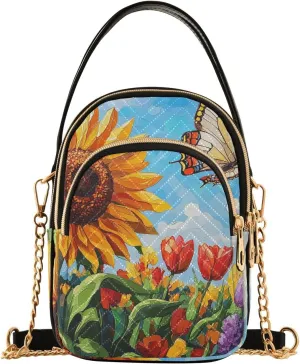 Ink Drawing Sunflowers Tulips and Butterflies Design Crossbody Bags Shoulder Bag for Women Stylish Ladies Messenger Bags Cell Phone Purse and Handbags Wallet