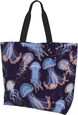 Jellyfish Canvas Tote Bag Cute Shoulder Bag Handbag Animal Casual Grocery Bags Funny Bag for Outdoor