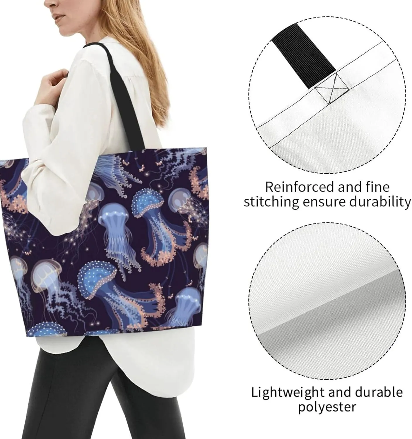 Jellyfish Canvas Tote Bag Cute Shoulder Bag Handbag Animal Casual Grocery Bags Funny Bag for Outdoor
