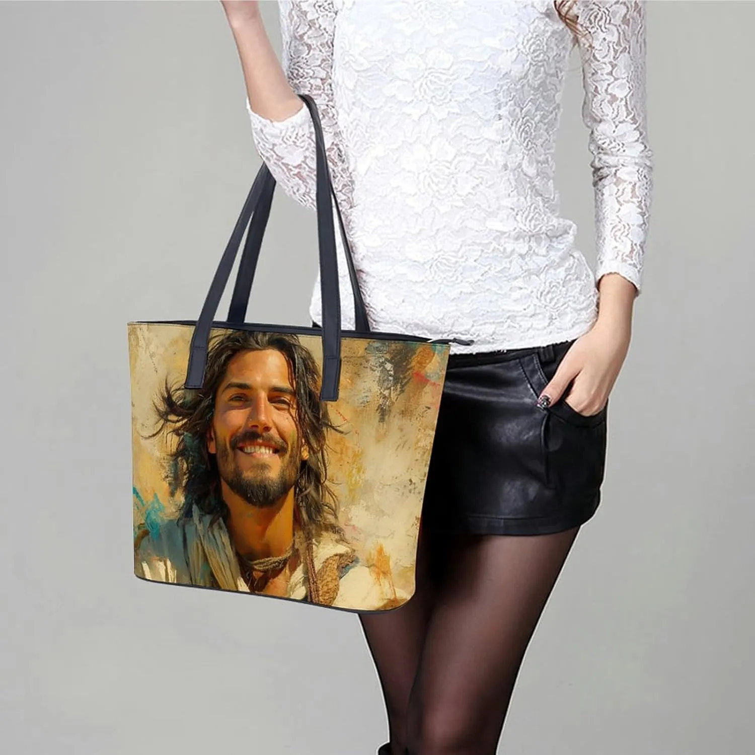 Jesus Christ Looking at The Sky Women Soft Leather Handbags Tote Purses Shoulder Bucket Bags
