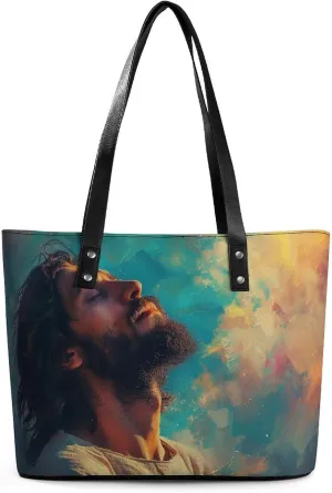 Jesus Christ Looking at The Sky Women Soft Leather Handbags Tote Purses Shoulder Bucket Bags