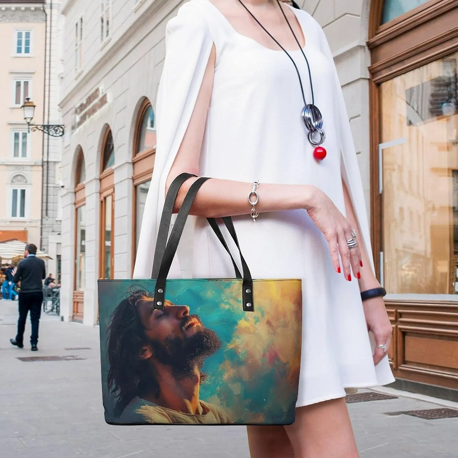 Jesus Christ Looking at The Sky Women Soft Leather Handbags Tote Purses Shoulder Bucket Bags