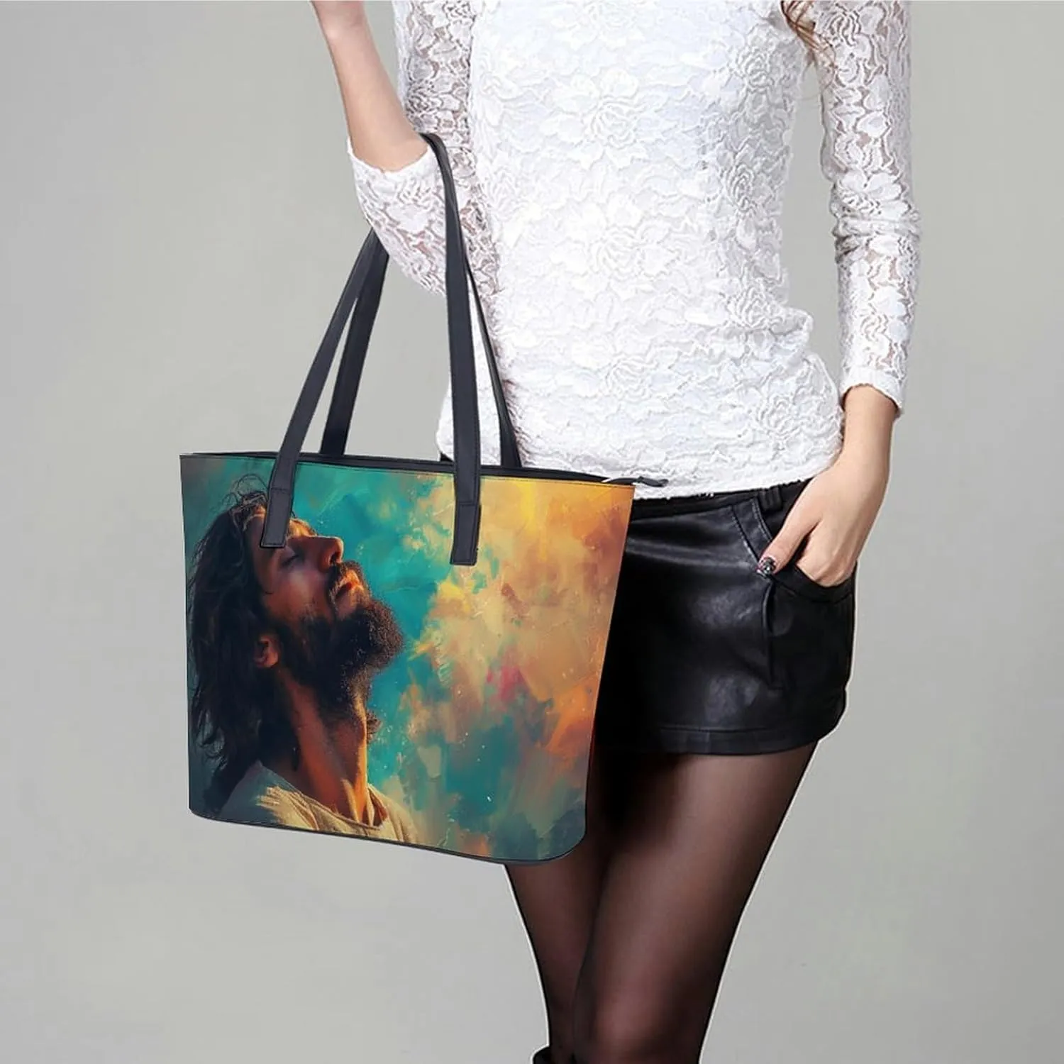 Jesus Christ Looking at The Sky Women Soft Leather Handbags Tote Purses Shoulder Bucket Bags