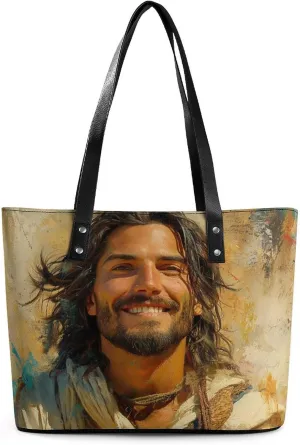 Jesus Christ Looking at The Sky Women Soft Leather Handbags Tote Purses Shoulder Bucket Bags