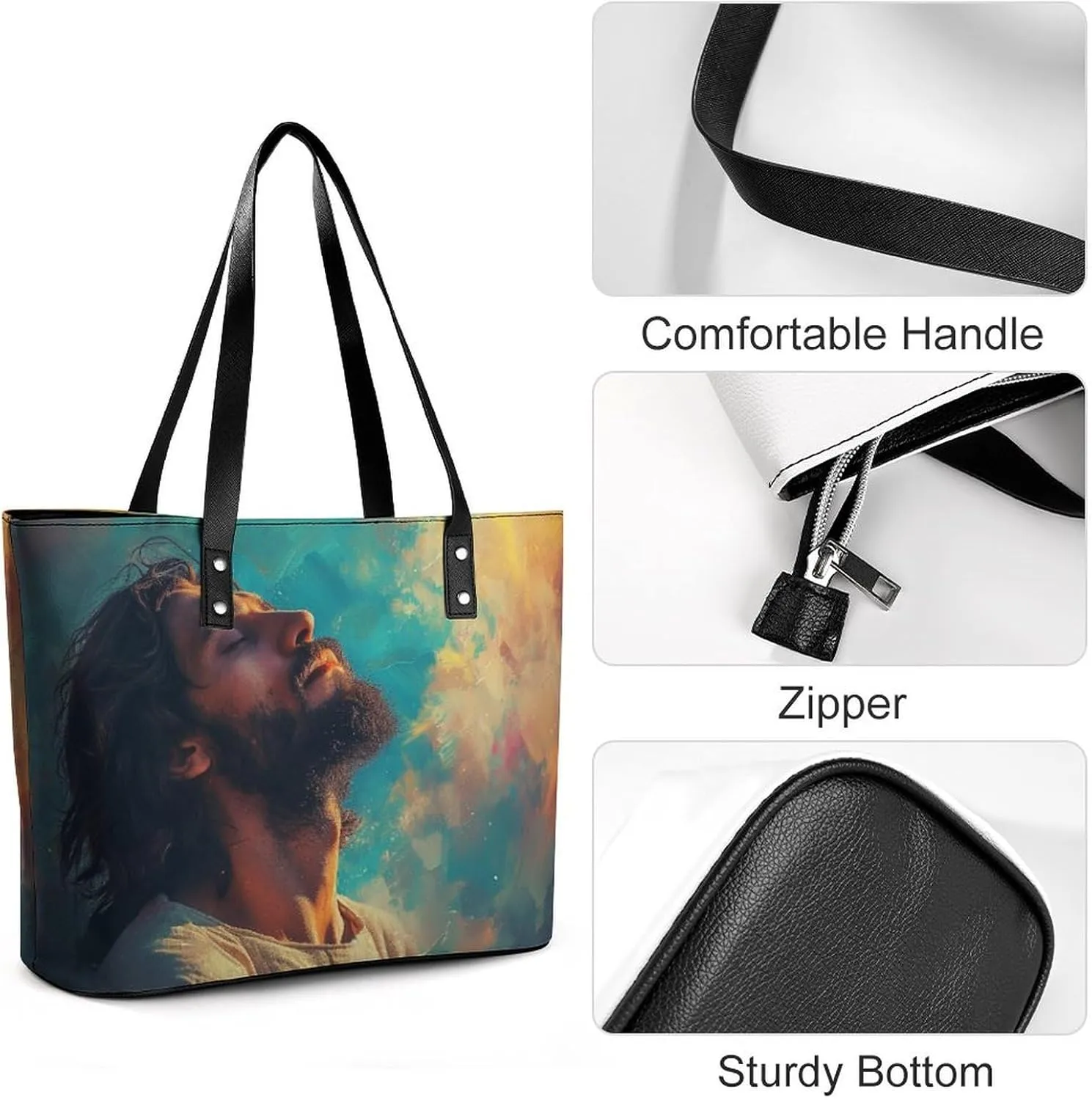 Jesus Christ Looking at The Sky Women Soft Leather Handbags Tote Purses Shoulder Bucket Bags