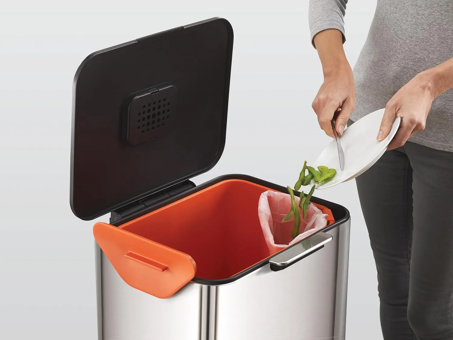 Joseph Joseph Totem Max 60 Liter/15.85 Gallon Waste Separation and Recycling Kitchen Trash Can with Odor Filter and Removable Food Waste Caddy, Stainless Steel