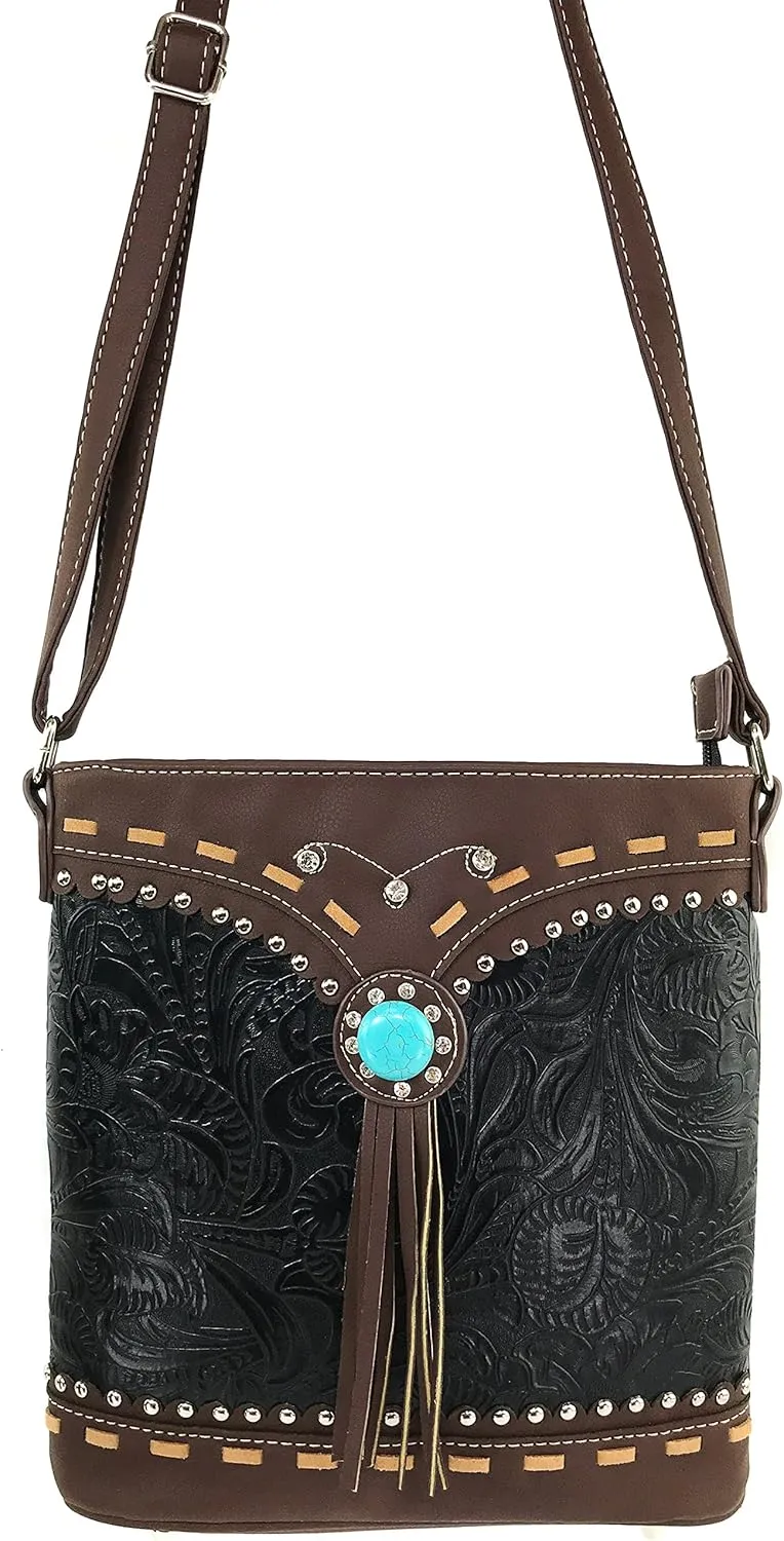 Justin West Tooled Western Leather Turquoise Stone Fringe Studded Shoulder Concealed Carry Handbag Purse