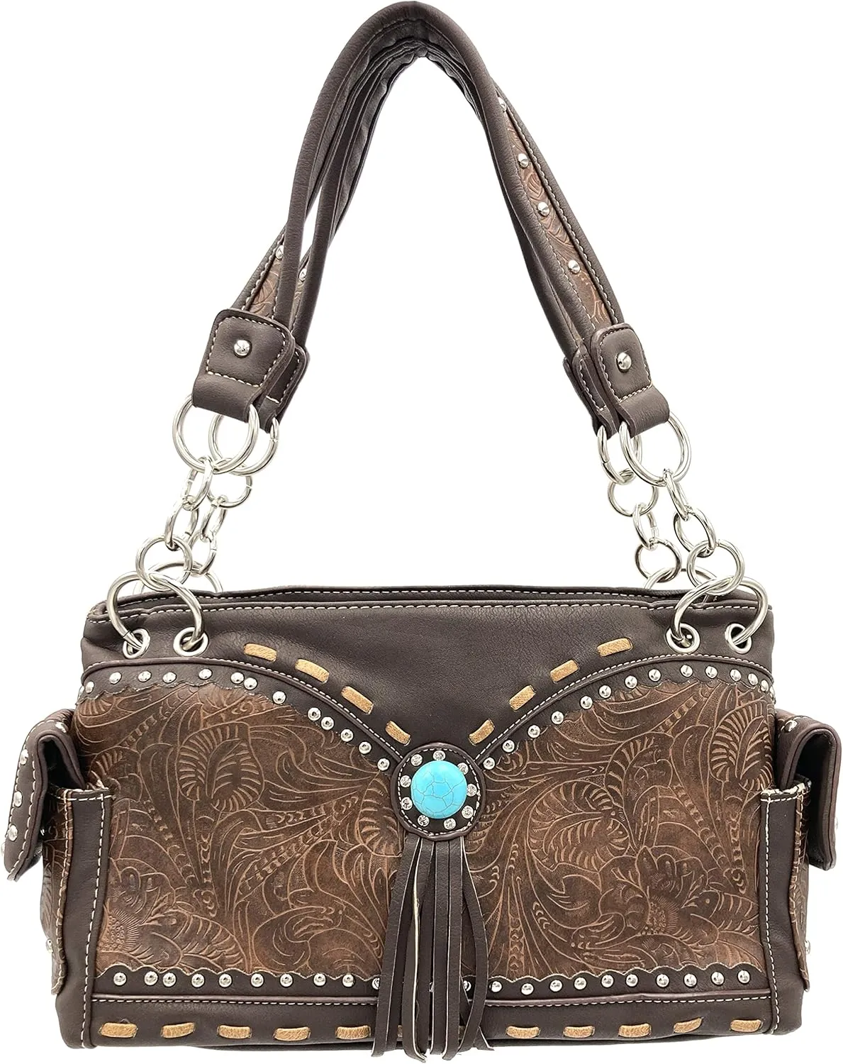Justin West Tooled Western Leather Turquoise Stone Fringe Studded Shoulder Concealed Carry Handbag Purse