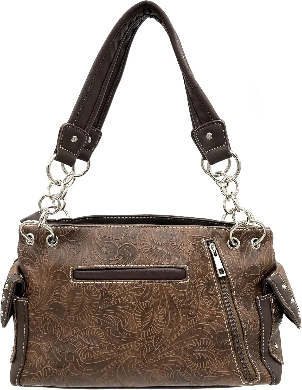 Justin West Tooled Western Leather Turquoise Stone Fringe Studded Shoulder Concealed Carry Handbag Purse