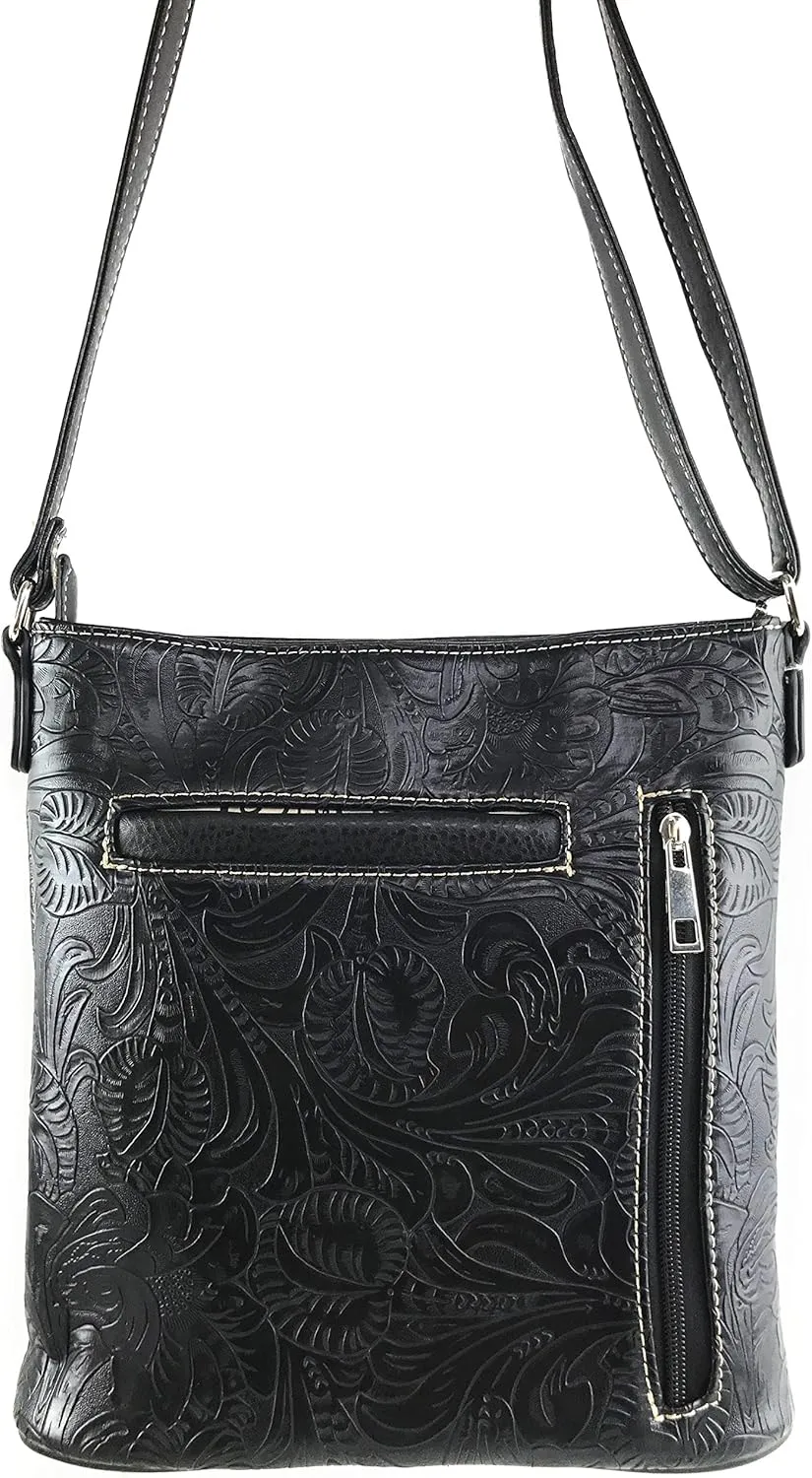 Justin West Tooled Western Leather Turquoise Stone Fringe Studded Shoulder Concealed Carry Handbag Purse