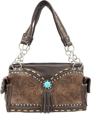 Justin West Tooled Western Leather Turquoise Stone Fringe Studded Shoulder Concealed Carry Handbag Purse