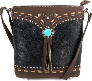 Justin West Tooled Western Leather Turquoise Stone Fringe Studded Shoulder Concealed Carry Handbag Purse