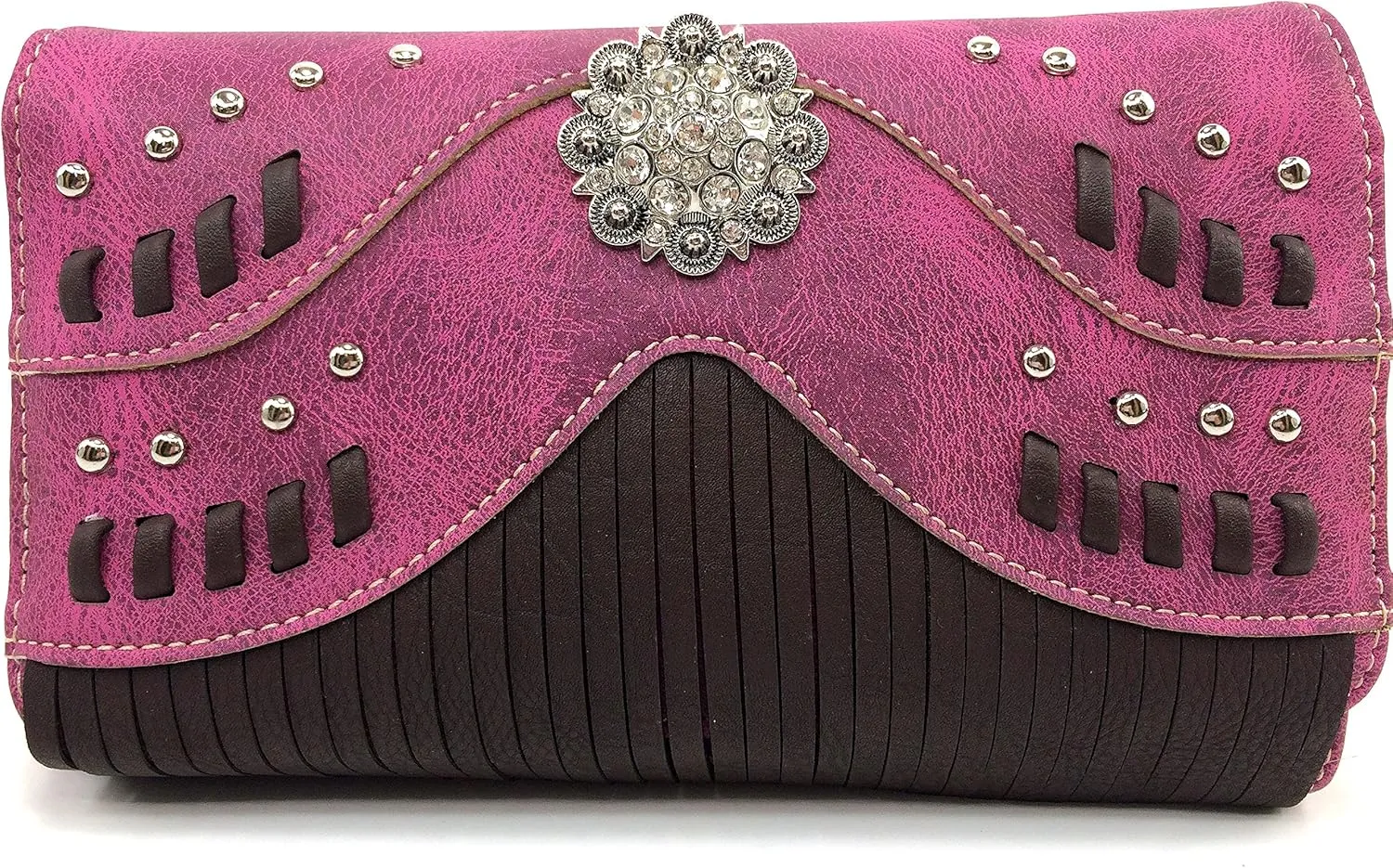 Justin West Western Tooled Rhinestone Concho Weaved Leather Fringe Chain Shoulder Handbag Purse with Concealed Carry
