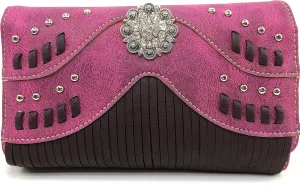 Justin West Western Tooled Rhinestone Concho Weaved Leather Fringe Chain Shoulder Handbag Purse with Concealed Carry