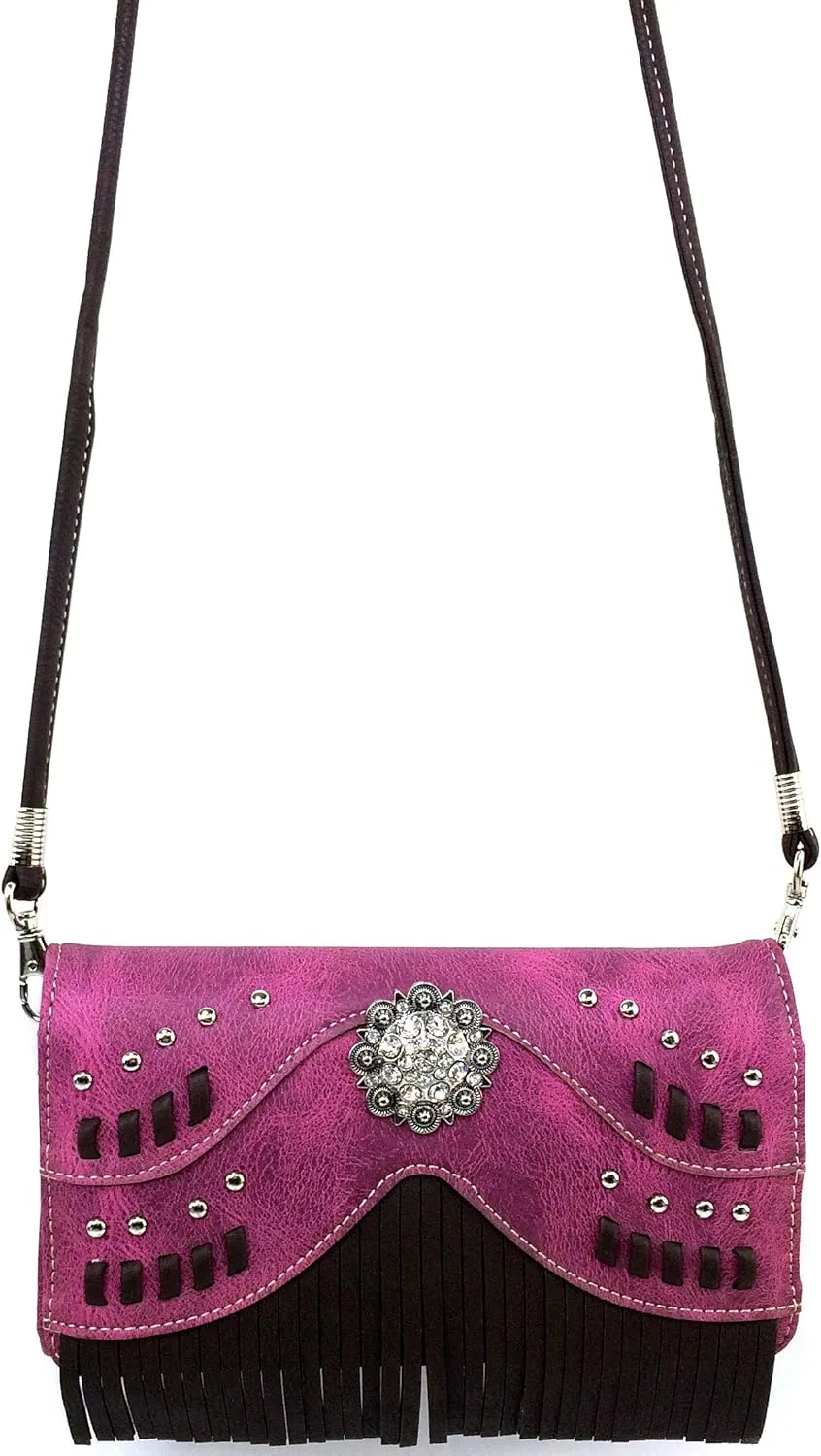 Justin West Western Tooled Rhinestone Concho Weaved Leather Fringe Chain Shoulder Handbag Purse with Concealed Carry