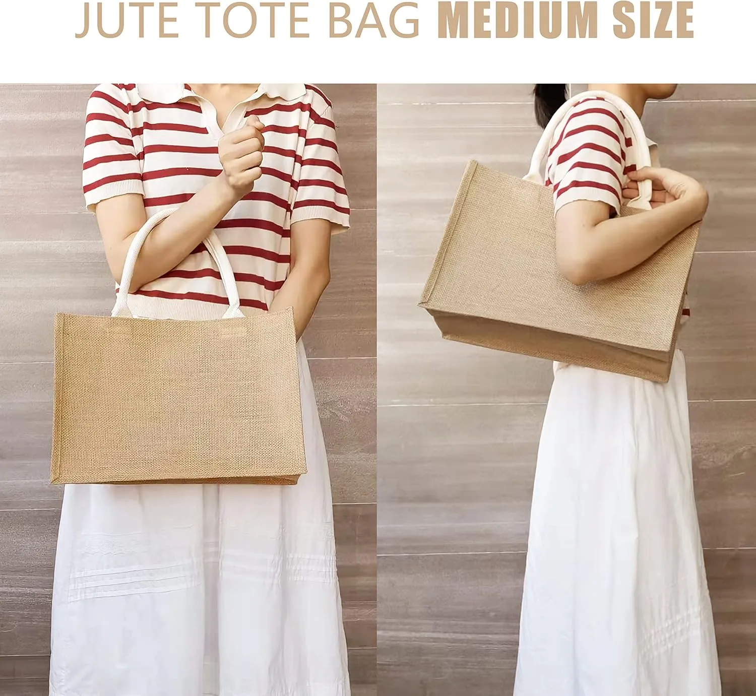 Jute Bags with handles, 14.5" x 6.7" x 10.2" Pack of 3 Medium Burlap Tote Bags, Reusable Bag for DIY, Shopping, Beach, Pool, Wedding Welcome Bag