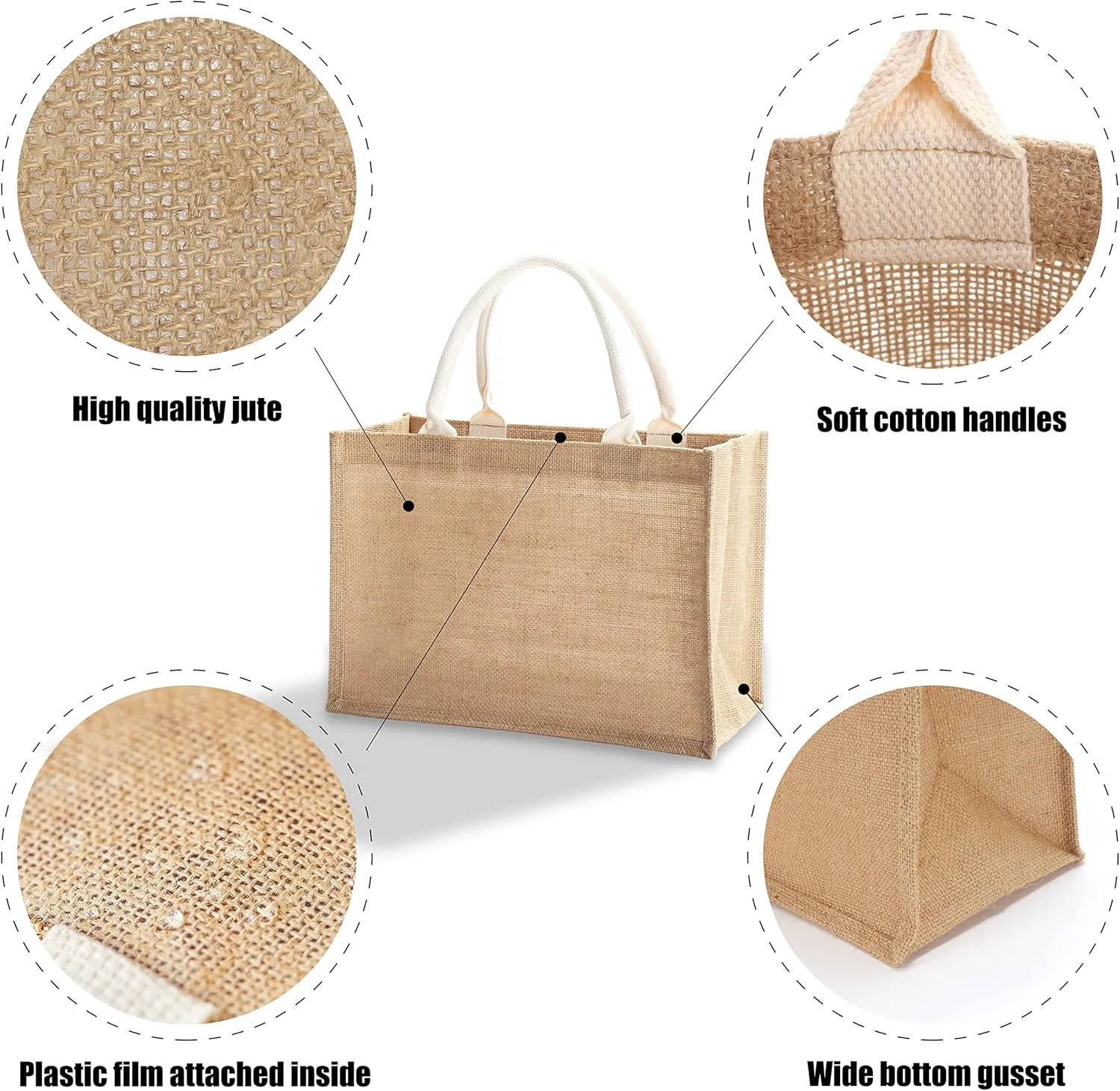 Jute Bags with handles, 14.5" x 6.7" x 10.2" Pack of 3 Medium Burlap Tote Bags, Reusable Bag for DIY, Shopping, Beach, Pool, Wedding Welcome Bag