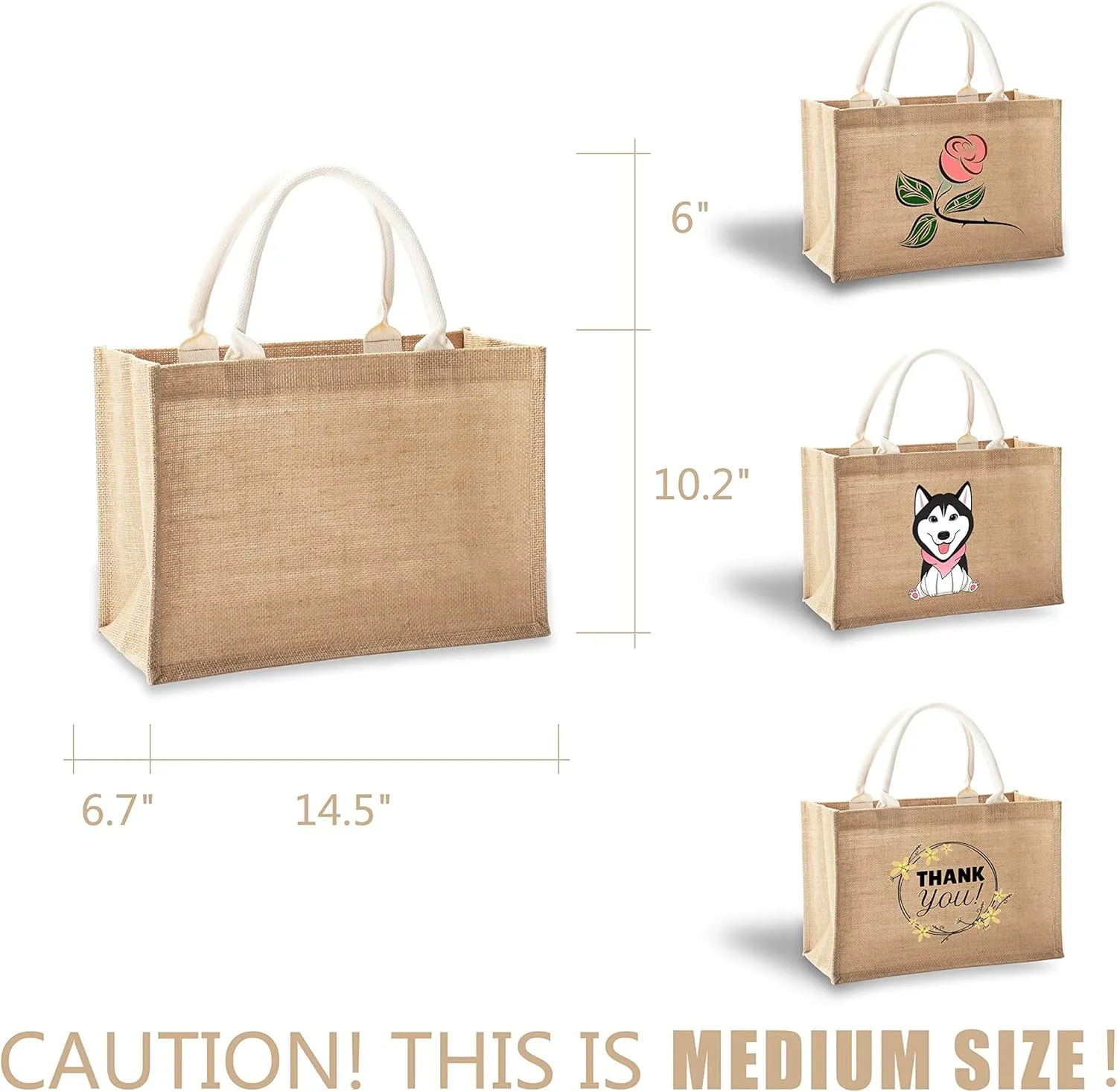 Jute Bags with handles, 14.5" x 6.7" x 10.2" Pack of 3 Medium Burlap Tote Bags, Reusable Bag for DIY, Shopping, Beach, Pool, Wedding Welcome Bag