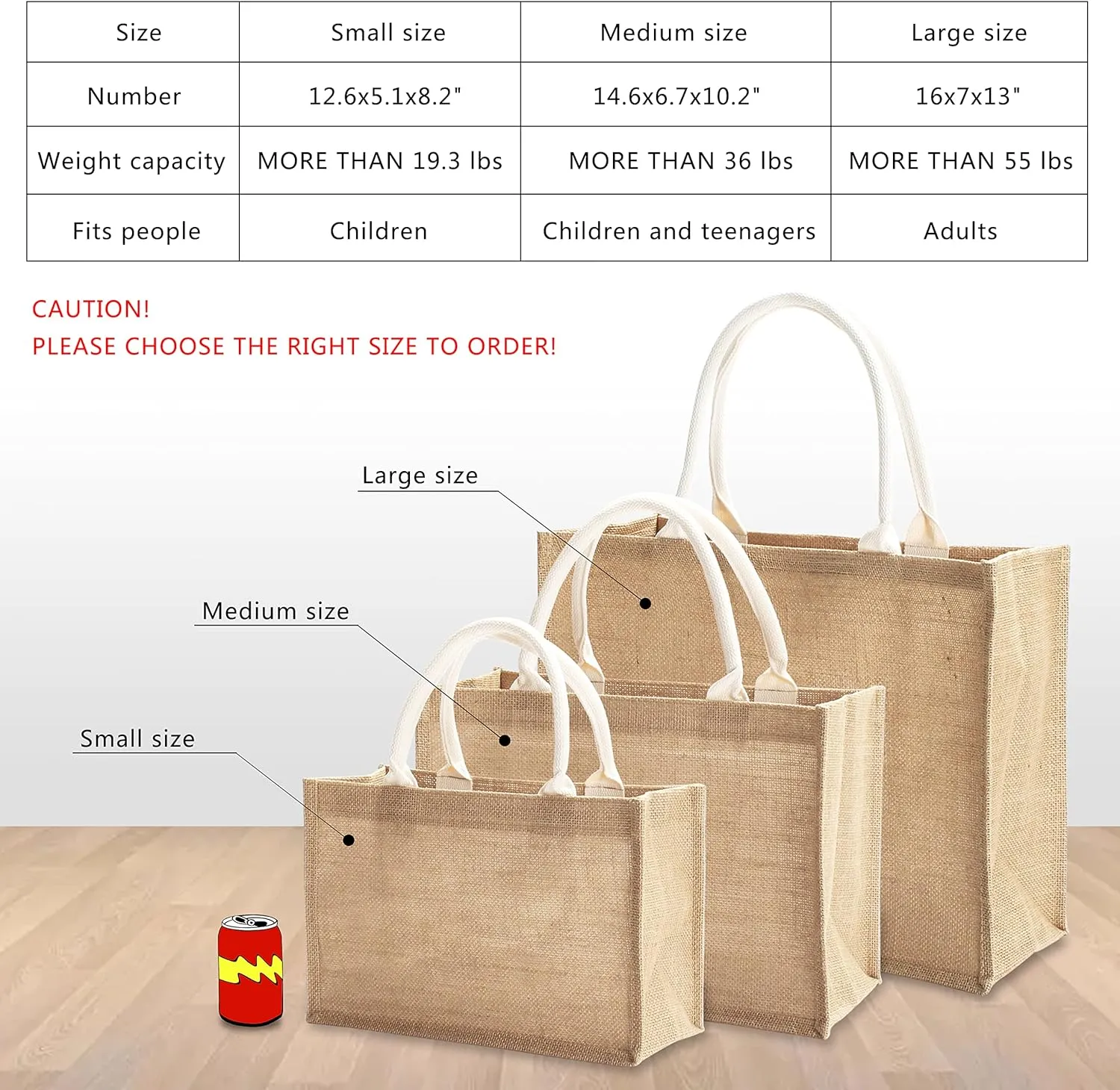 Jute Bags with handles, 14.5" x 6.7" x 10.2" Pack of 3 Medium Burlap Tote Bags, Reusable Bag for DIY, Shopping, Beach, Pool, Wedding Welcome Bag