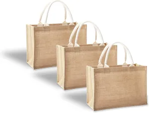 Jute Bags with handles, 14.5" x 6.7" x 10.2" Pack of 3 Medium Burlap Tote Bags, Reusable Bag for DIY, Shopping, Beach, Pool, Wedding Welcome Bag