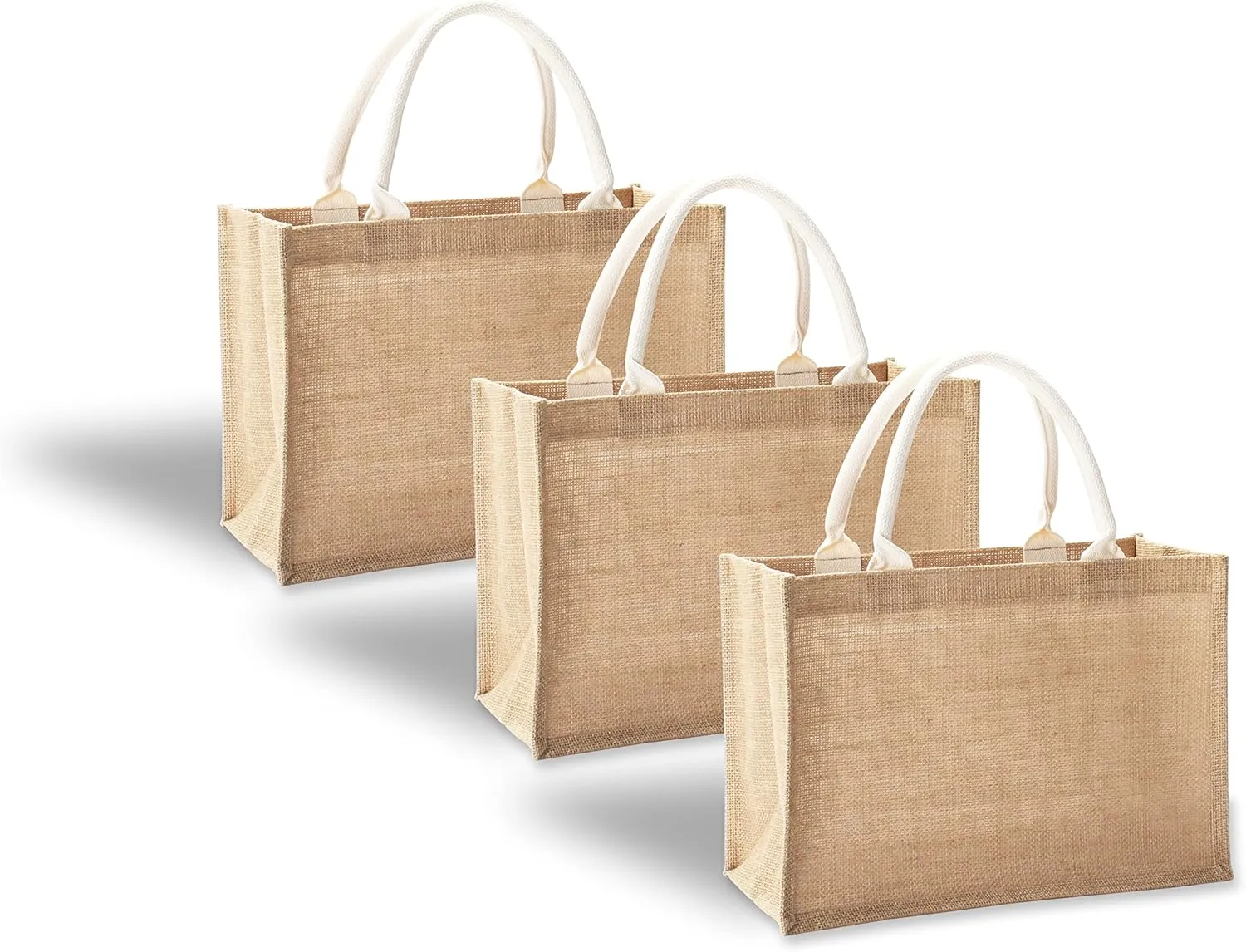 Jute Bags with handles, 14.5" x 6.7" x 10.2" Pack of 3 Medium Burlap Tote Bags, Reusable Bag for DIY, Shopping, Beach, Pool, Wedding Welcome Bag
