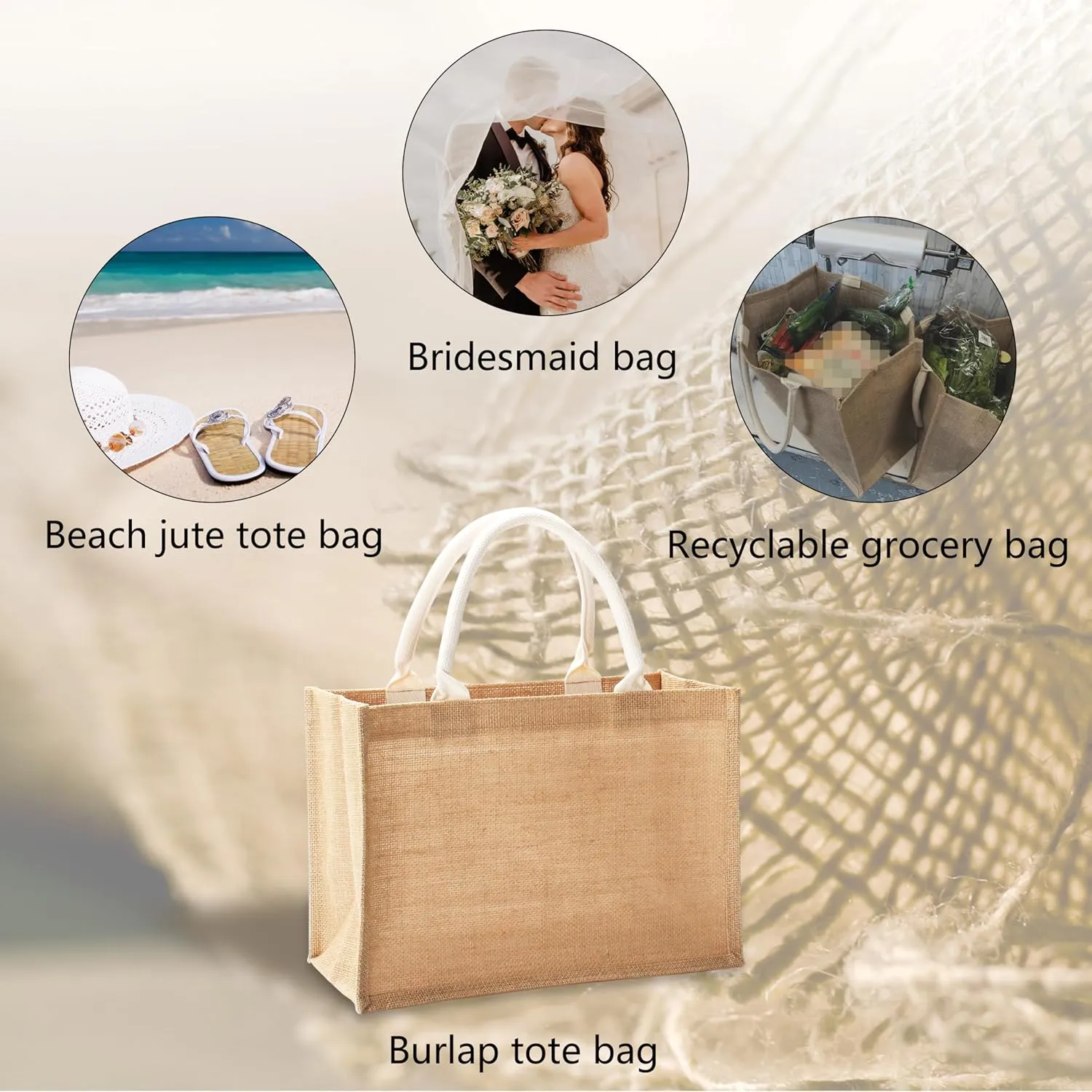 Jute Bags with handles, 14.5" x 6.7" x 10.2" Pack of 3 Medium Burlap Tote Bags, Reusable Bag for DIY, Shopping, Beach, Pool, Wedding Welcome Bag
