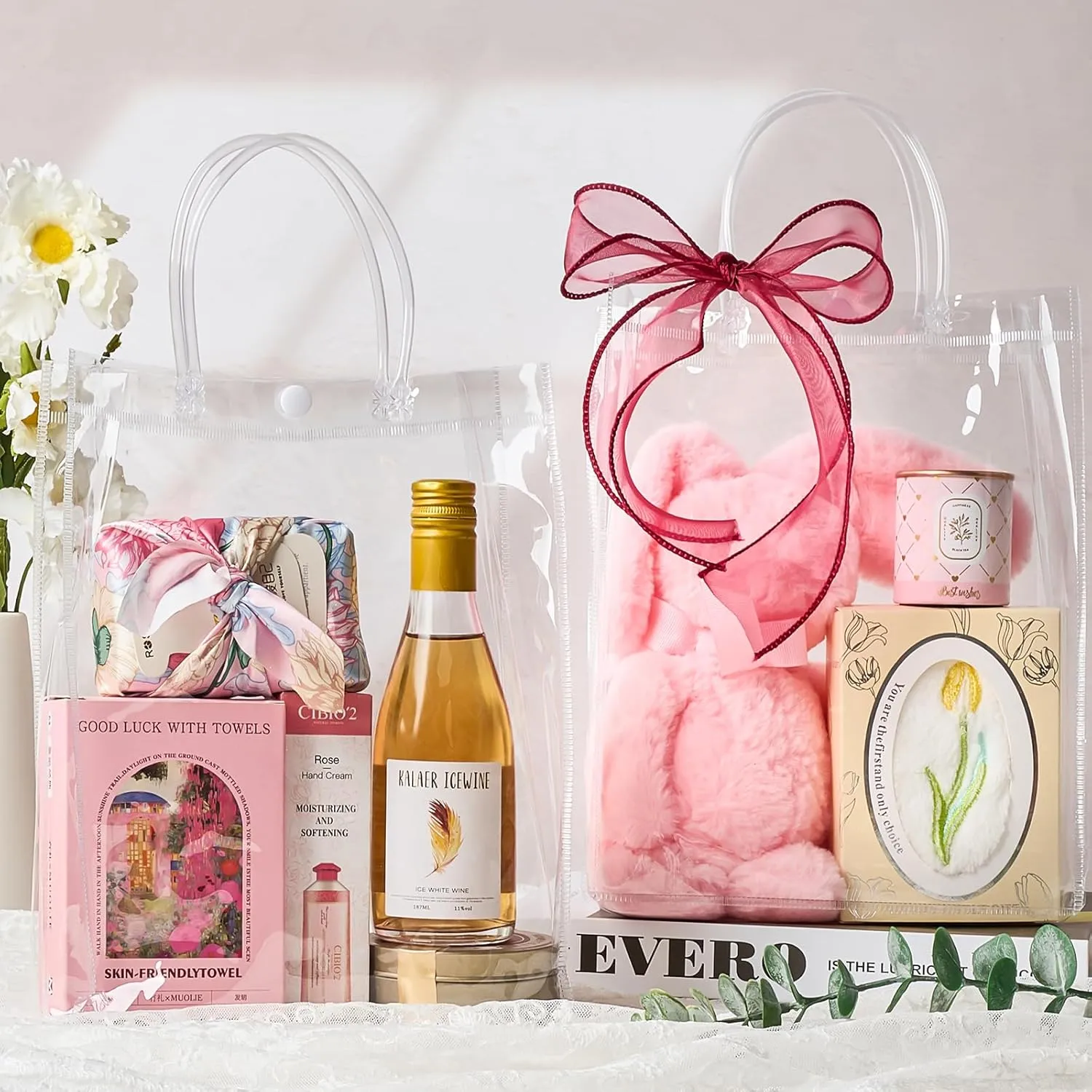 Jutieuo 24 Pack Clear Plastic Gift Bags with Handles, 7.9" x 9.8" x 3.2" Reusable Transparent Party Favor BagsGoodie Bags Bulk for Mother's Day, Wedding, Baby Shower, Birthday