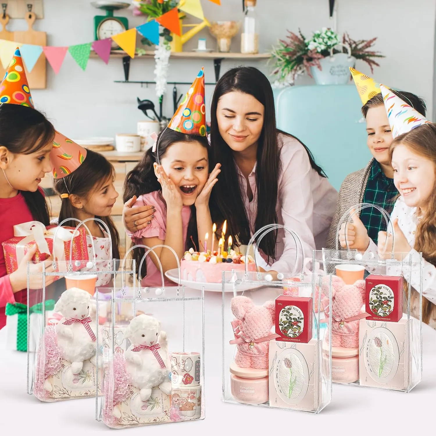 Jutieuo 24 Pack Clear Plastic Gift Bags with Handles, 7.9" x 9.8" x 3.2" Reusable Transparent Party Favor BagsGoodie Bags Bulk for Mother's Day, Wedding, Baby Shower, Birthday
