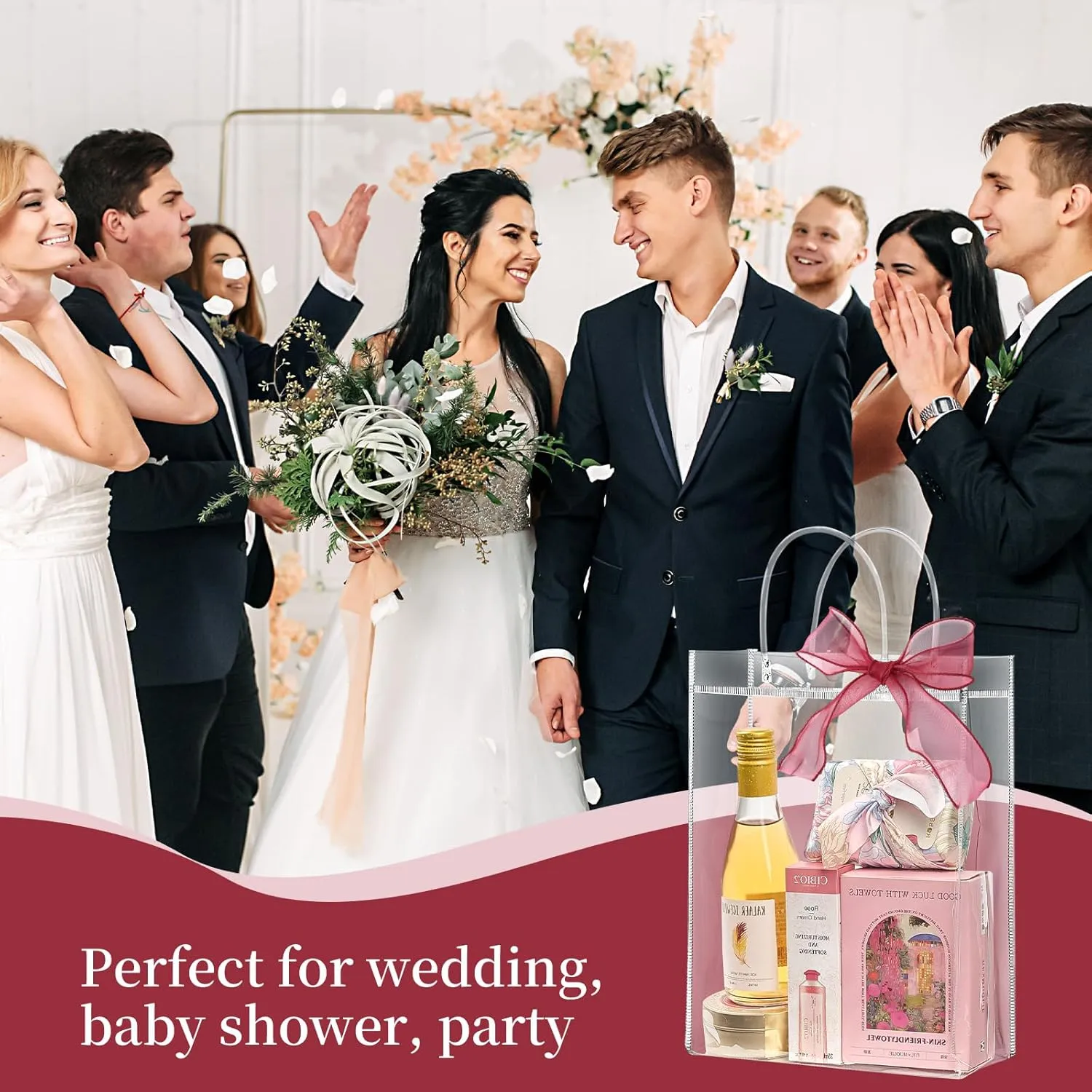 Jutieuo 24 Pack Clear Plastic Gift Bags with Handles, 7.9" x 9.8" x 3.2" Reusable Transparent Party Favor BagsGoodie Bags Bulk for Mother's Day, Wedding, Baby Shower, Birthday