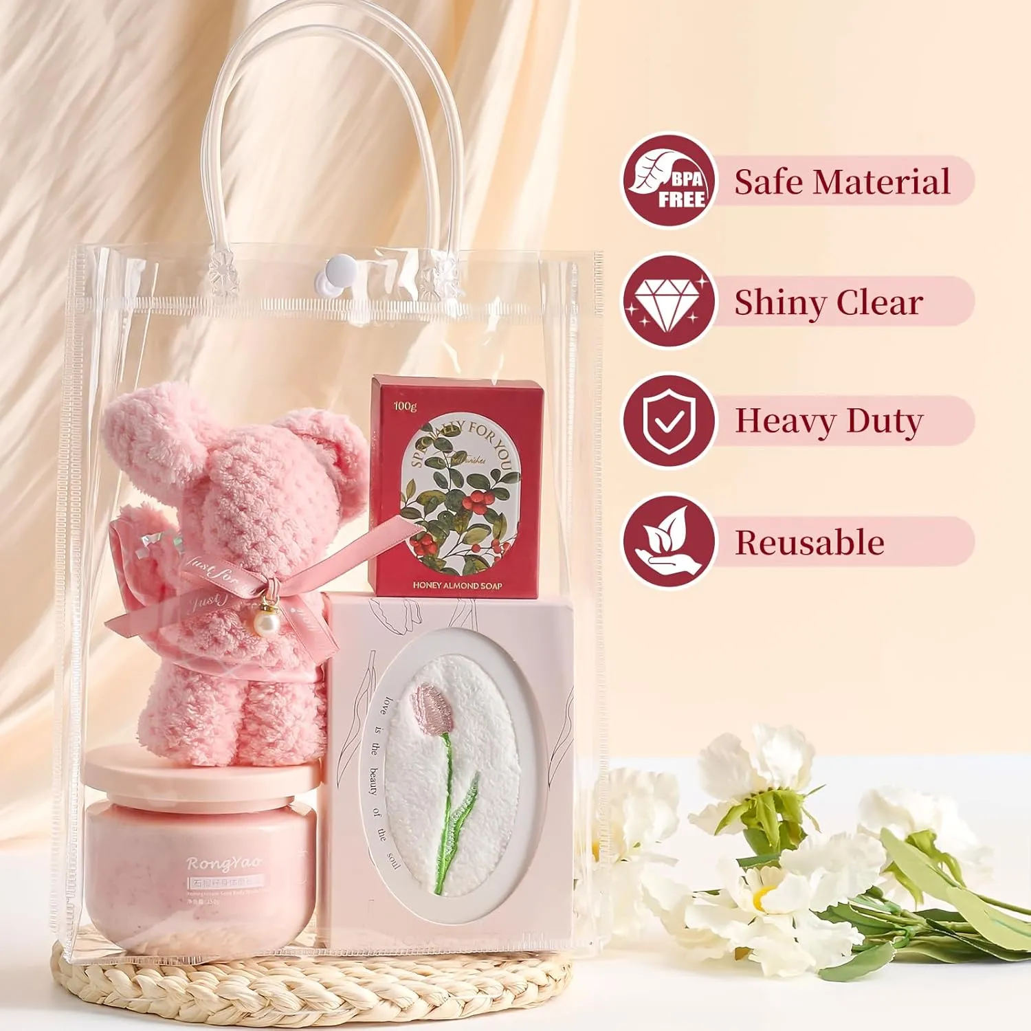 Jutieuo 24 Pack Clear Plastic Gift Bags with Handles, 7.9" x 9.8" x 3.2" Reusable Transparent Party Favor BagsGoodie Bags Bulk for Mother's Day, Wedding, Baby Shower, Birthday