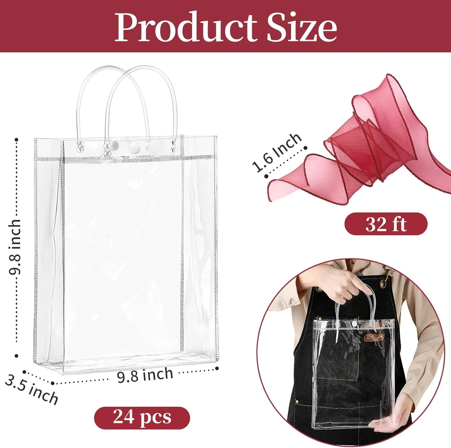 Jutieuo 24 Pack Clear Plastic Gift Bags with Handles, 7.9" x 9.8" x 3.2" Reusable Transparent Party Favor BagsGoodie Bags Bulk for Mother's Day, Wedding, Baby Shower, Birthday