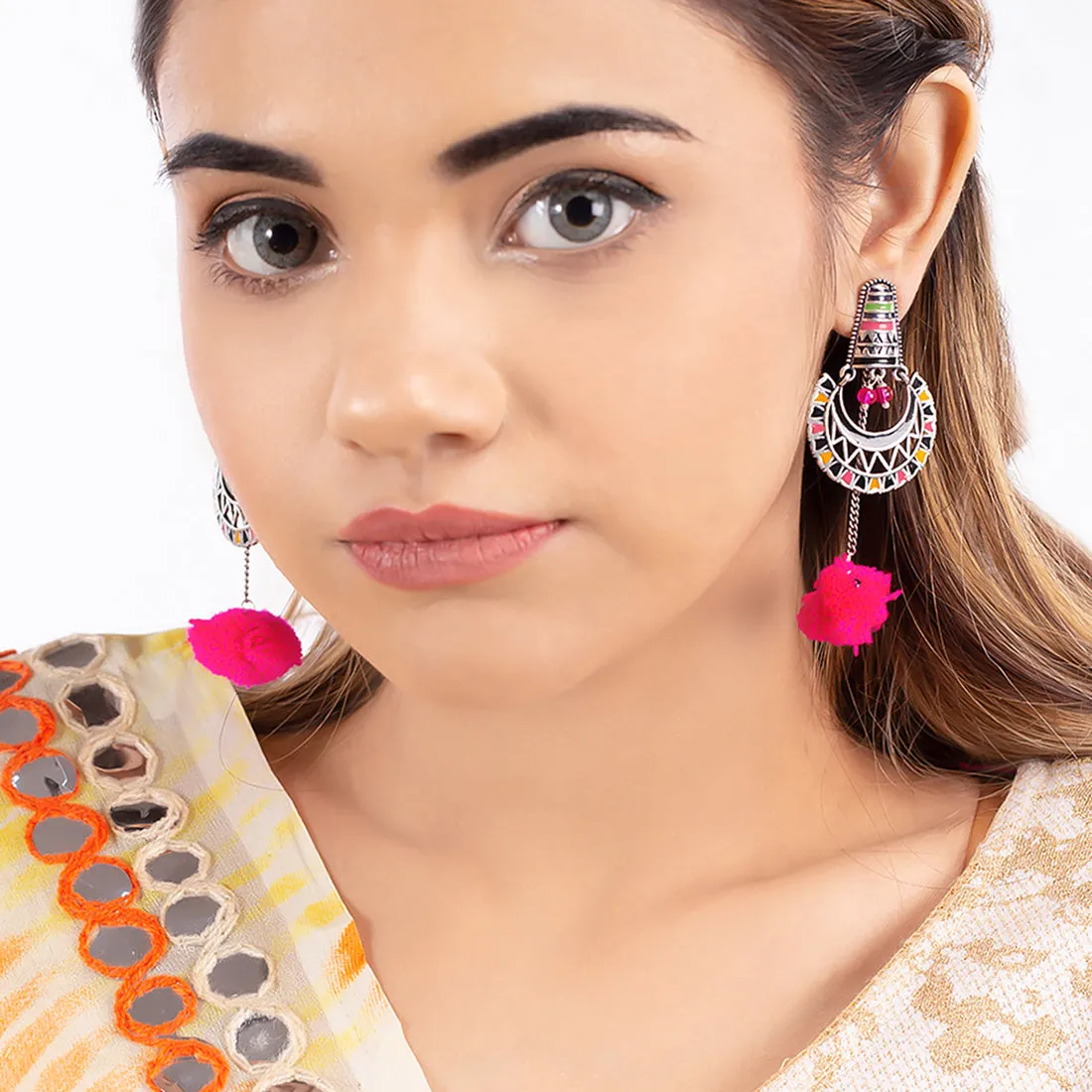 Kalbelia Chandbali Pom Pom Earrings