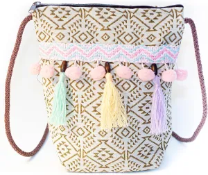 K&G, Women Fabric Boho Tribal Shoulder Bag, Chic Bohemian Ethnic Pom Pom Tassel Decorated Crossbody Bag, 2.8 x 7.5 x 8 Inches