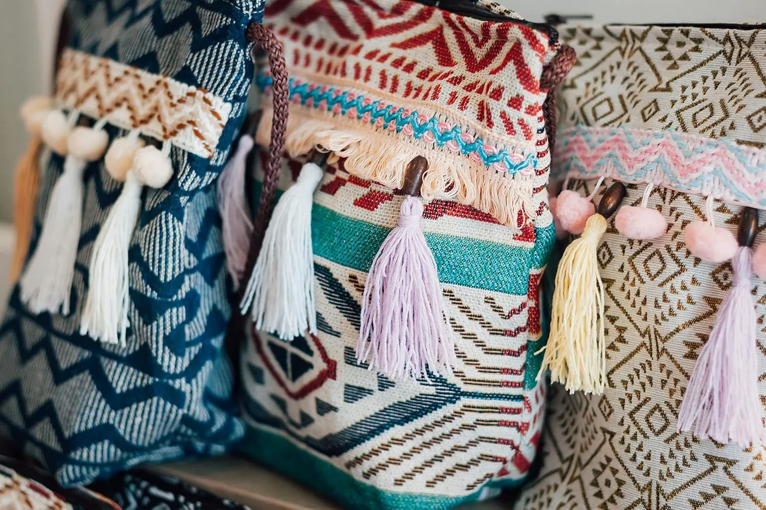 K&G, Women Fabric Boho Tribal Shoulder Bag, Chic Bohemian Ethnic Pom Pom Tassel Decorated Crossbody Bag, 2.8 x 7.5 x 8 Inches