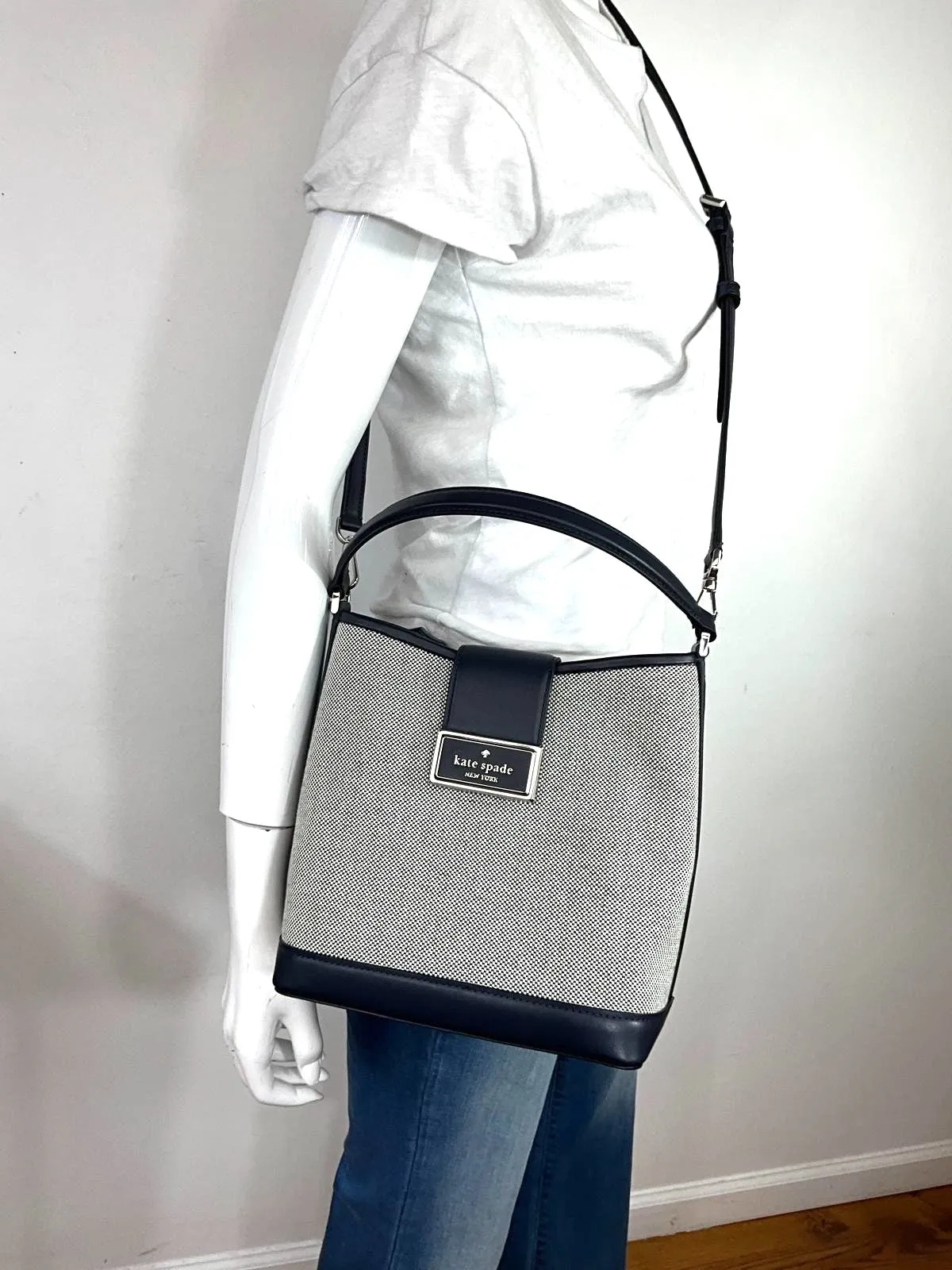 KATE SPADE NY REEGAN CANVAS LEATHER TRIM BUCKET BAG