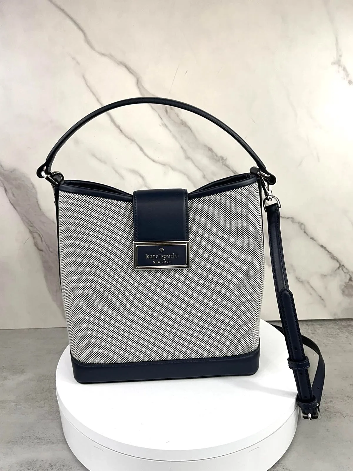 KATE SPADE NY REEGAN CANVAS LEATHER TRIM BUCKET BAG