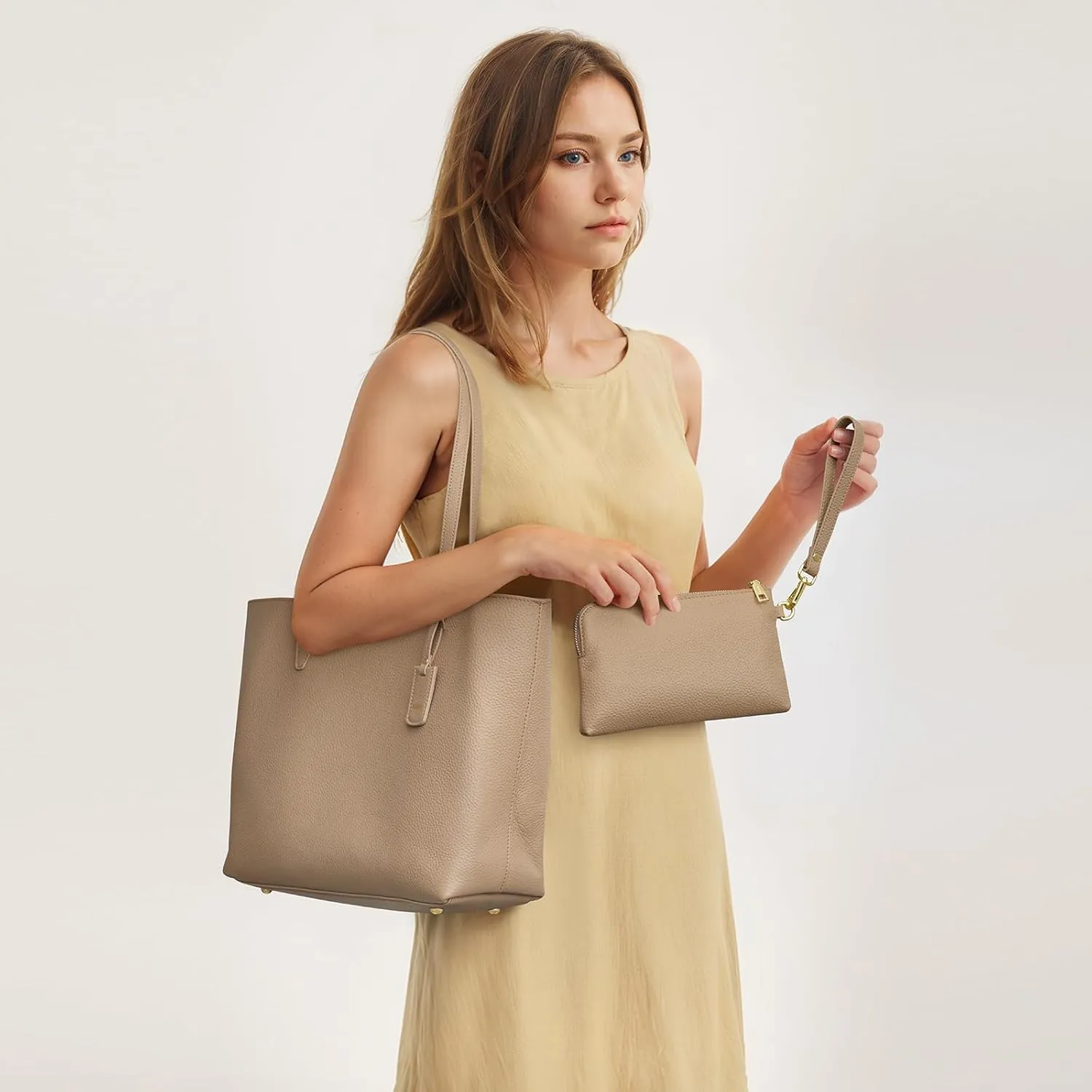 Kattee Leather Tote Bags for Women Shoulder Purses and Handbags Travel Work Bags with Wristlet Wallet 2-in-1