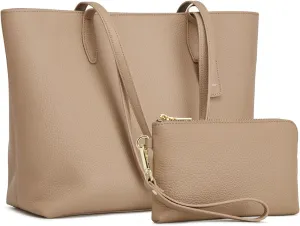 Kattee Leather Tote Bags for Women Shoulder Purses and Handbags Travel Work Bags with Wristlet Wallet 2-in-1