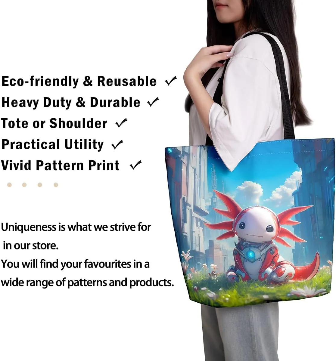 Kawaii Axolotl Canvas Tote Bag,Salamander Tote Bag,Kawaii Animal Shopping Grocery Bags