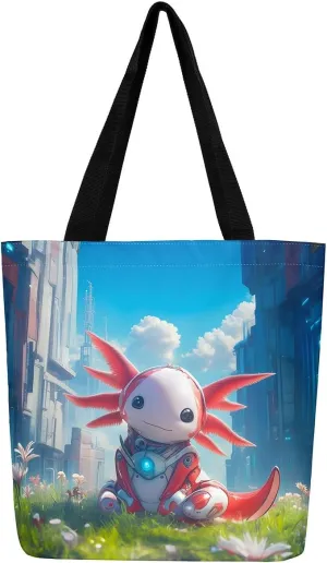 Kawaii Axolotl Canvas Tote Bag,Salamander Tote Bag,Kawaii Animal Shopping Grocery Bags