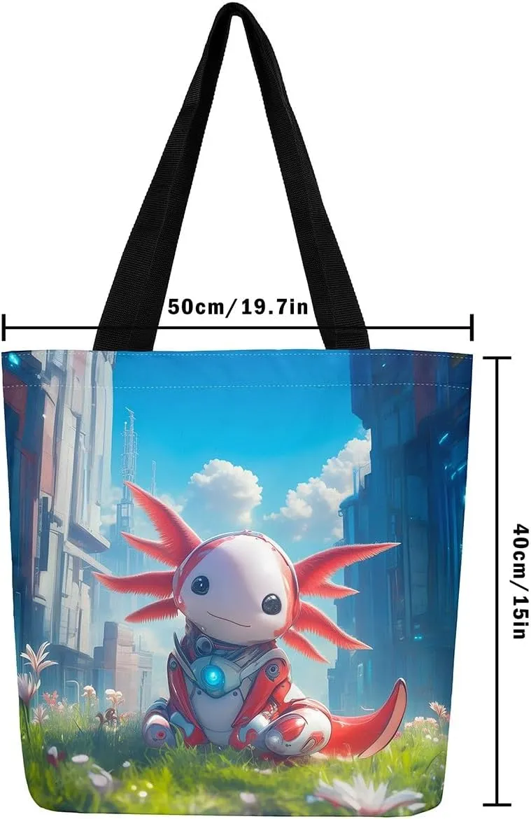 Kawaii Axolotl Canvas Tote Bag,Salamander Tote Bag,Kawaii Animal Shopping Grocery Bags