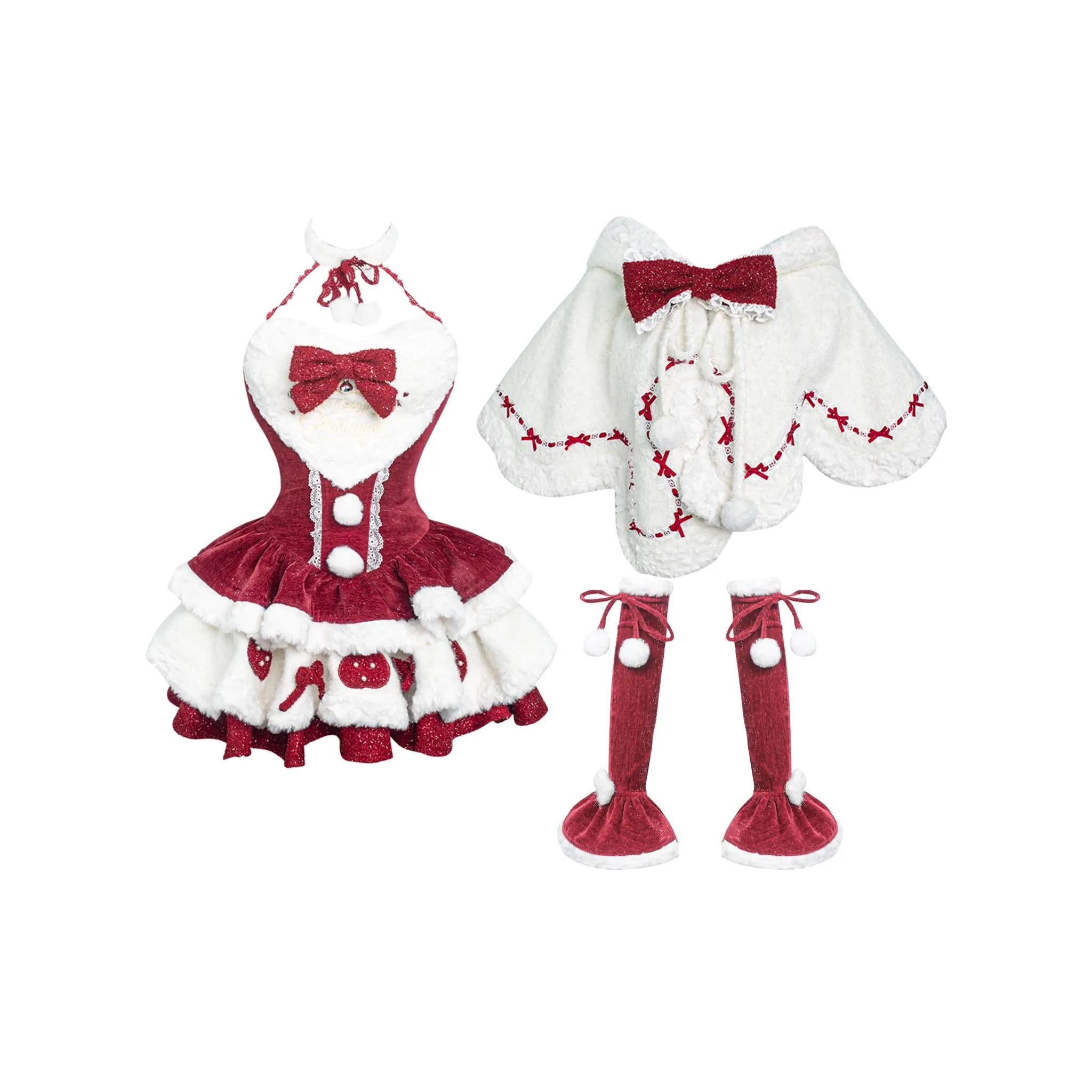 Kawaii Christmas Red Velvet Dress And White Bunny Ear Cape