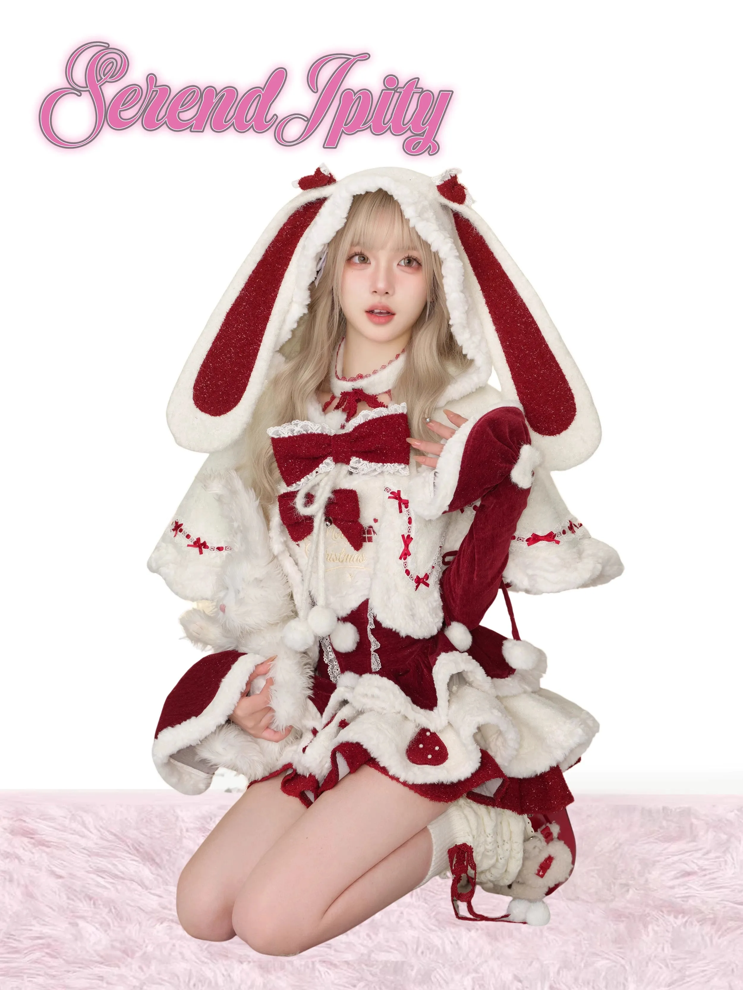 Kawaii Christmas Red Velvet Dress And White Bunny Ear Cape