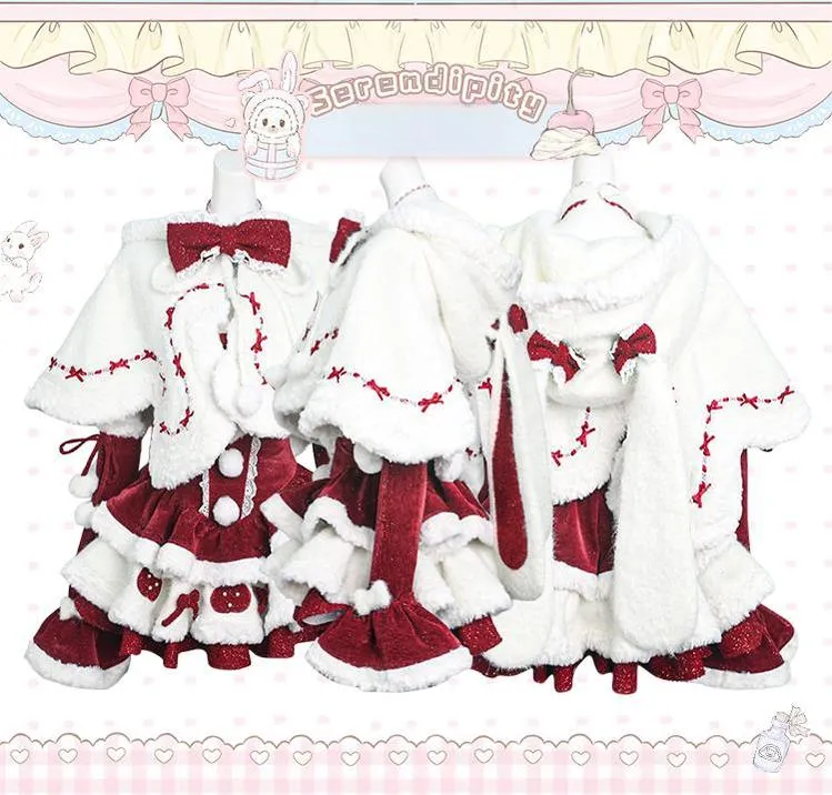 Kawaii Christmas Red Velvet Dress And White Bunny Ear Cape