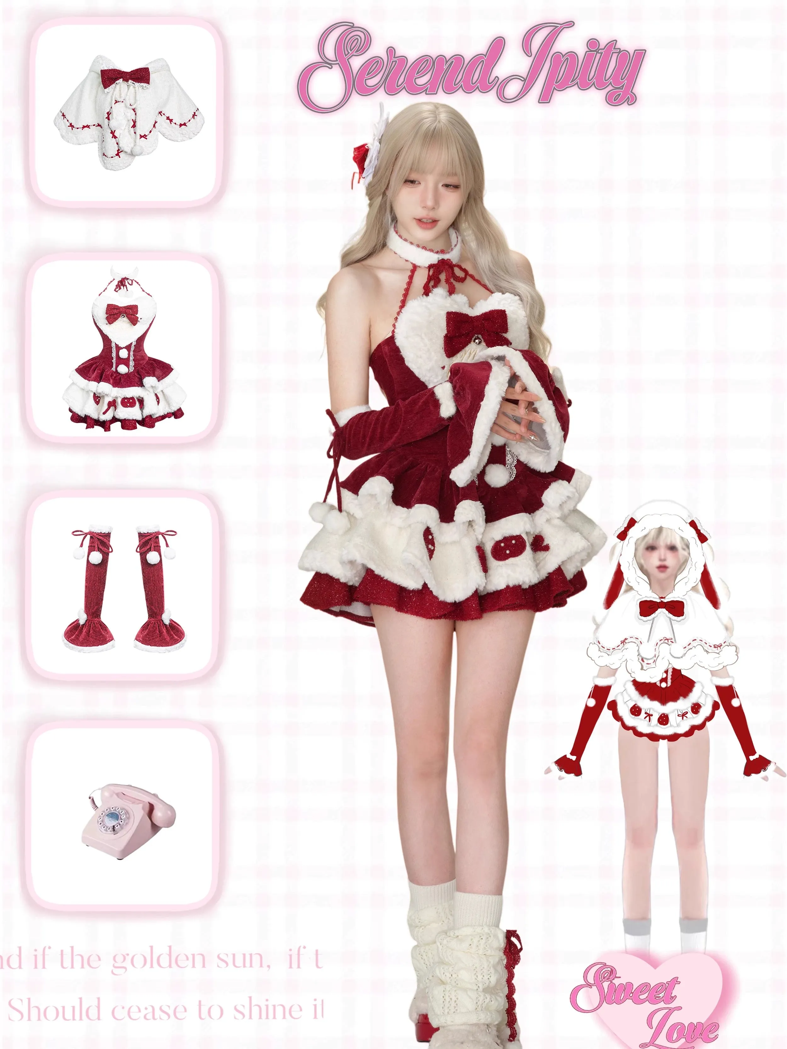 Kawaii Christmas Red Velvet Dress And White Bunny Ear Cape