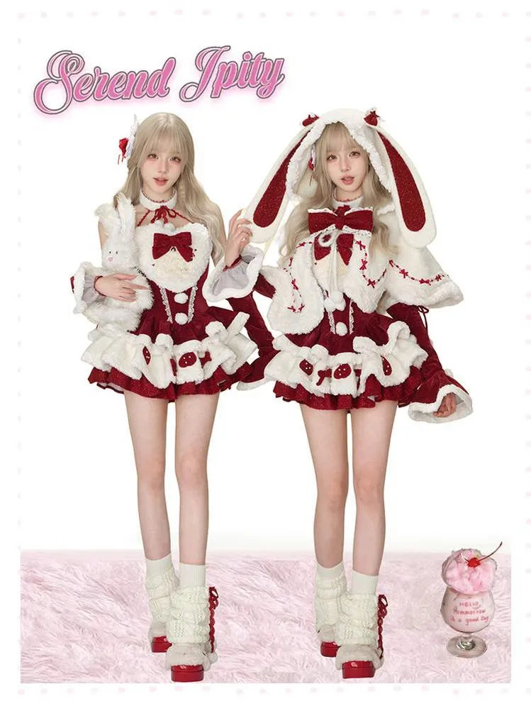 Kawaii Christmas Red Velvet Dress And White Bunny Ear Cape