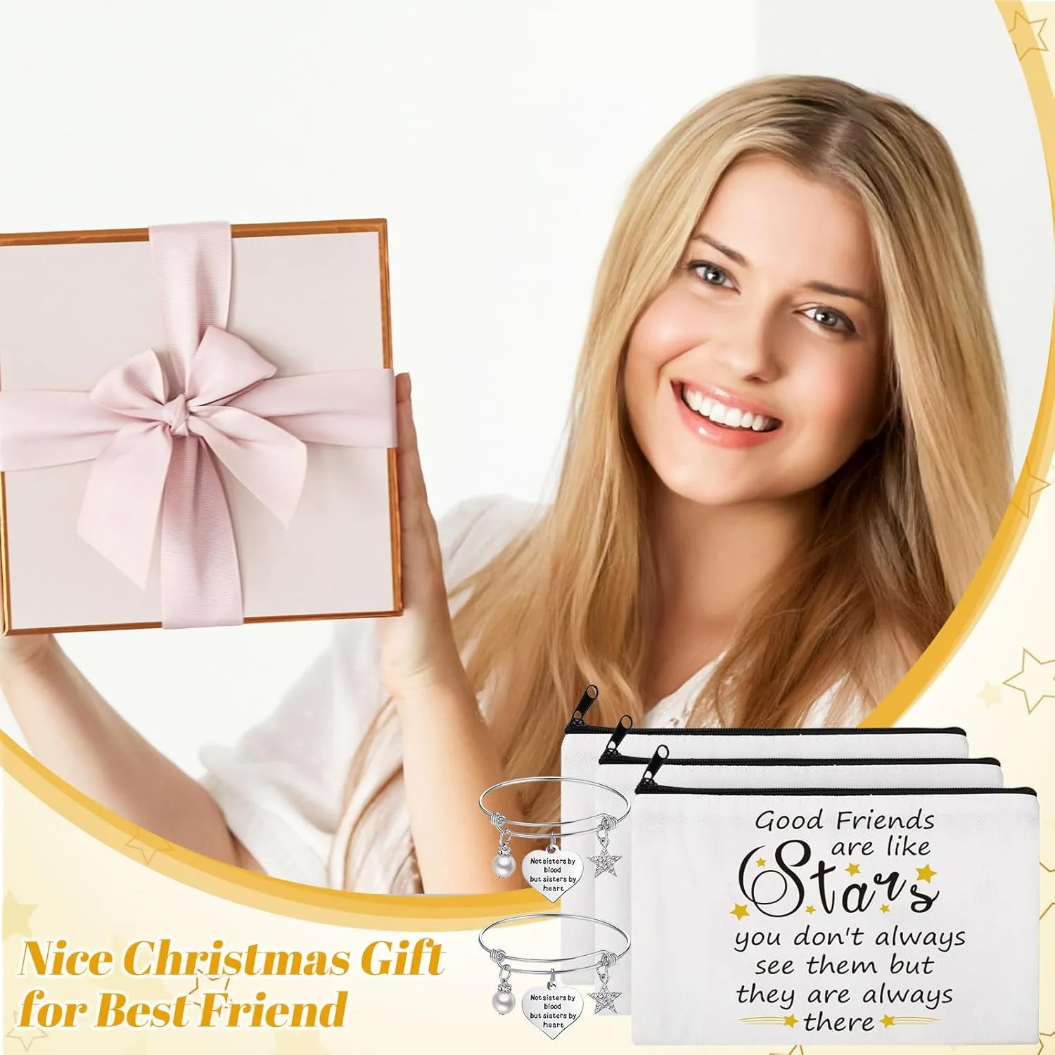 Kenning 12 Pieces Christmas Friends Gifts for Women Friendships Makeup Bag Adjustable Bangle Friendship Bracelet Long Distance Friendship Birthday Gifts for Graduation Family Sister (Stylish)