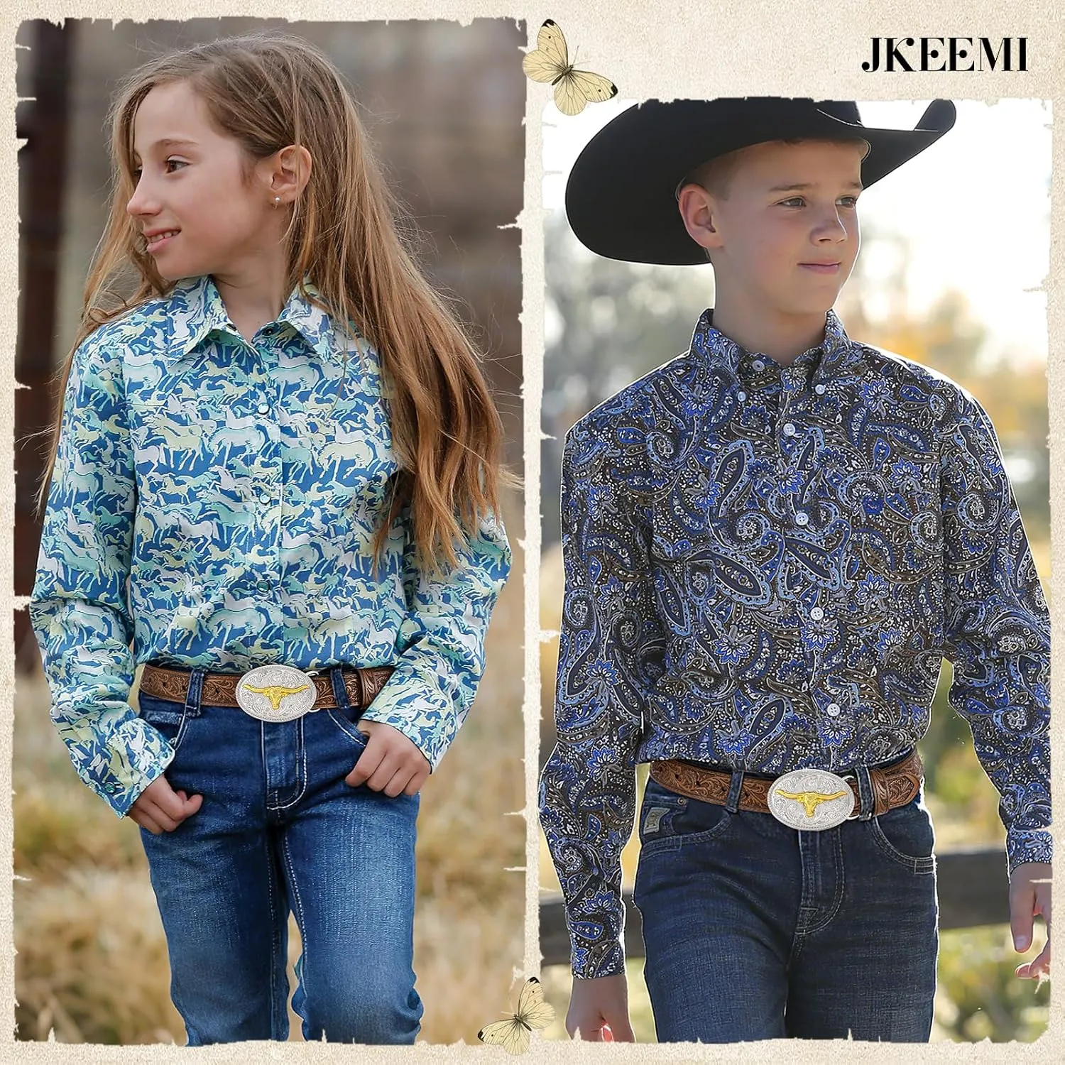 Kids Western Belt for Boys Girls, Embossed Genuine Leather Cowboy Cowgirl Belt for Jeans Pant Dresses Gift